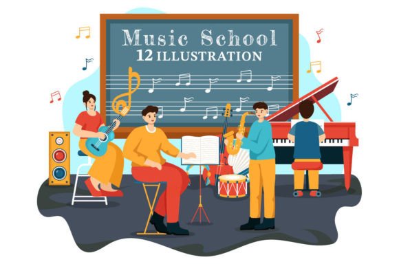 12 Music School Illustration for Graphics and Digital Products