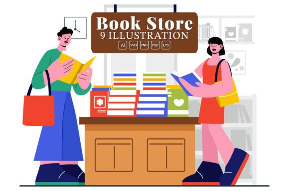 9 Bookstore and Library Illustration for Website and Editorial Design
