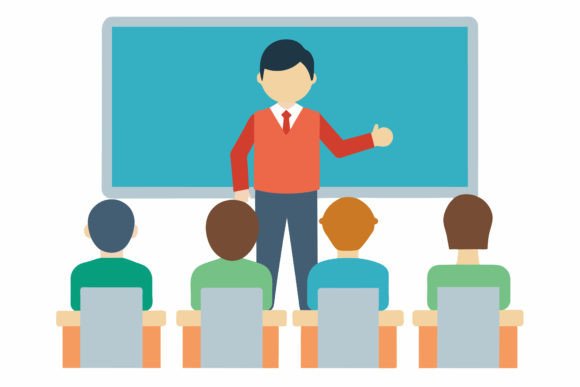 A Teacher Teaching on Board Front View Graphics
