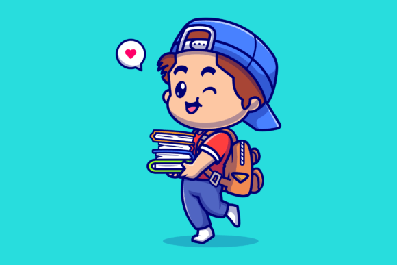 Cute Boy Going to School and Bring Books Graphics
