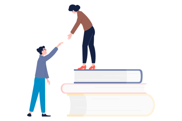 Teacher Helping Man Climb on Book Stack Graphics